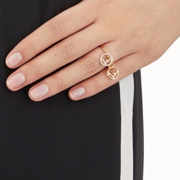 FENDI F's Rhinestone Logo Double ring Ring Metal Gold Size 6 - Picture 3 of 10